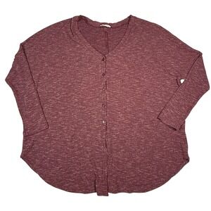 Miss Love Burgundy Marled Ribbed Knit Button Front V Neck Long Sleeve Top Medium